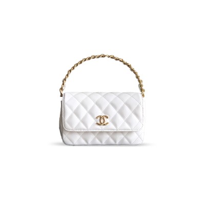 CHANEL HANDLE FLAP BAG PATENT CALFSKIN & GOLD METAL WHITE 496584 (18.5*10.5*8cm)